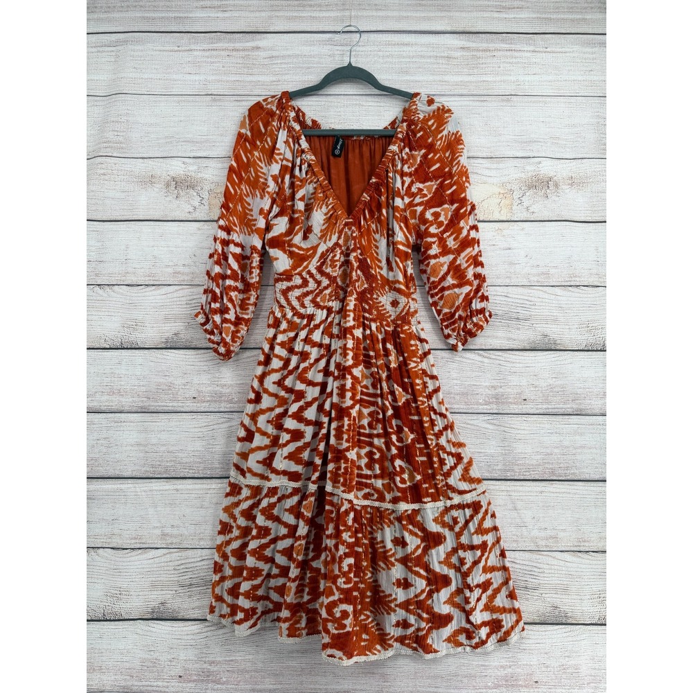 Me 2 Magic Midi Dress Women S Orange Ikat Smocked Waist Gold Metallic Boho